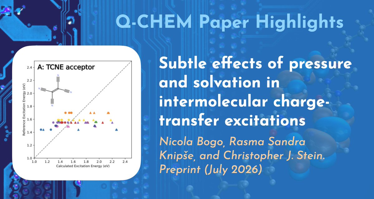 QChemSoftware's tweet photo. In this recent preprint, authors probe the effects of pressure and solvation in intermolecular charge-transfer excitations using TD-DFT and ALMO-SGM in Q-Chem. #compchem #TDDFT

Read the paper: https://t.co/JYs2qW1cAw
Try Q-Chem today: https://t.co/DKMgNYqOMT https://t.co/zqGJE5uRM2