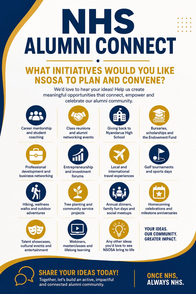 NHSAlumniAssoc's tweet photo. NHS Alumni Connect

What initiatives would you like NSOSA to plan, support, or convene?

We'd love to hear your ideas! Whether it's reconnecting with classmates, giving back to our alma mater, or creating opportunities for alumni to grow together, your voice matters. https://t.co/IkEVADlRWv