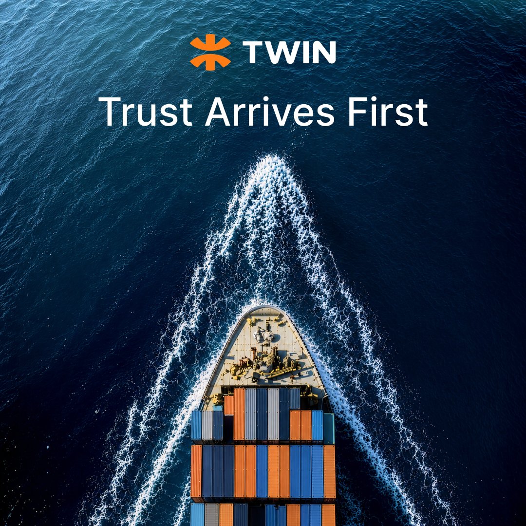 TWINGlobalOrg's tweet photo. A container ship can be two weeks from port while the paperwork behind it is still being verified.

Copies can be emailed in seconds. Confirming they are genuine is the part that takes days.

TWIN settles it once. One record, signed by the parties who handled the goods and never rewritten after.

Trust arrives first.

#TrustedTrade