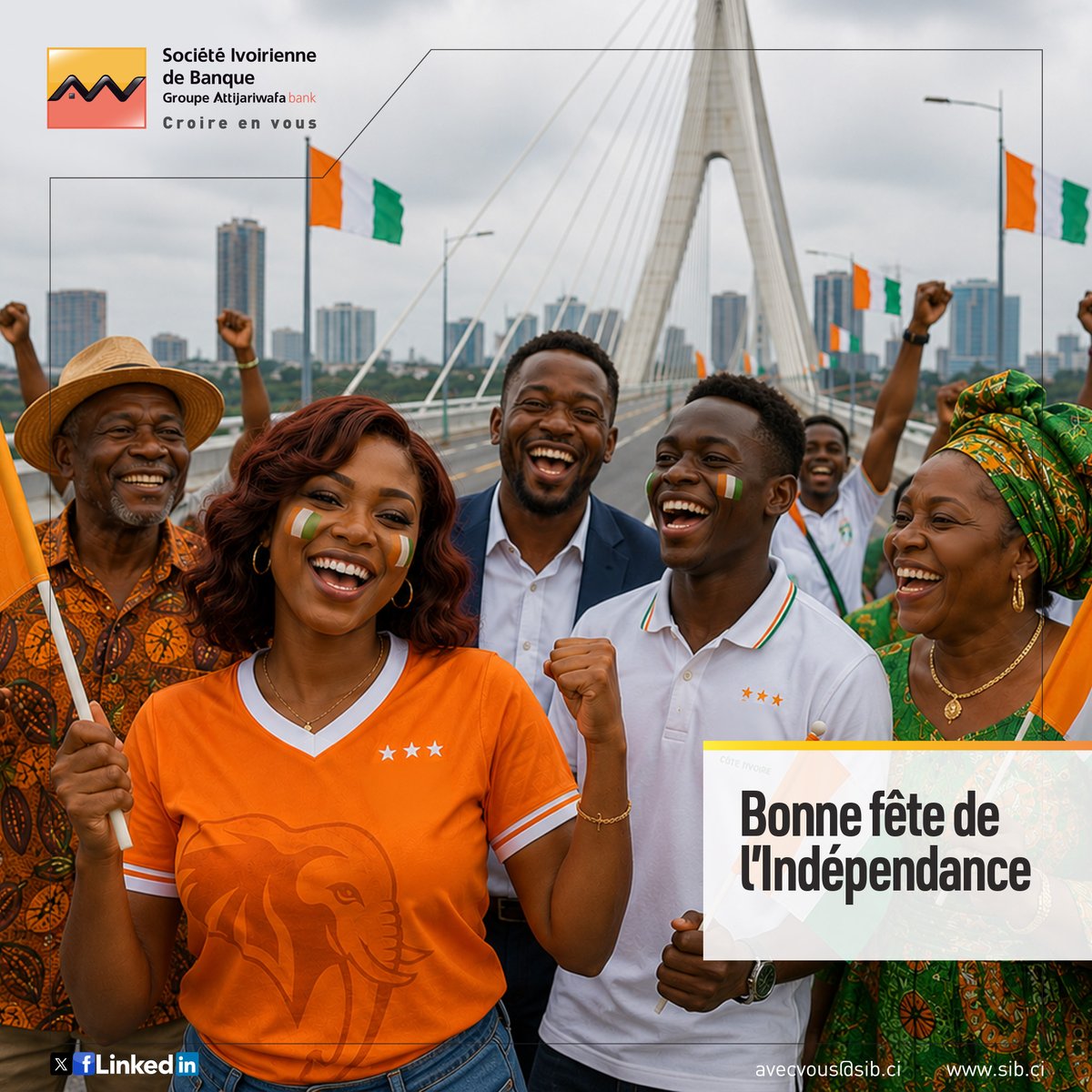 Sib_Officiel's tweet photo. En ce 7 août, célébrons avec fierté notre histoire, notre unité et notre ambition commune pour une Côte d'Ivoire toujours plus forte.
Bonne Fête de l'Indépendance à toutes et à tous ! 🇨🇮✨
#CroireEnVous #SIB #Banque #FaisonsGrandirVosProjets #IndépendanceCI https://t.co/IJm6zaAG4y