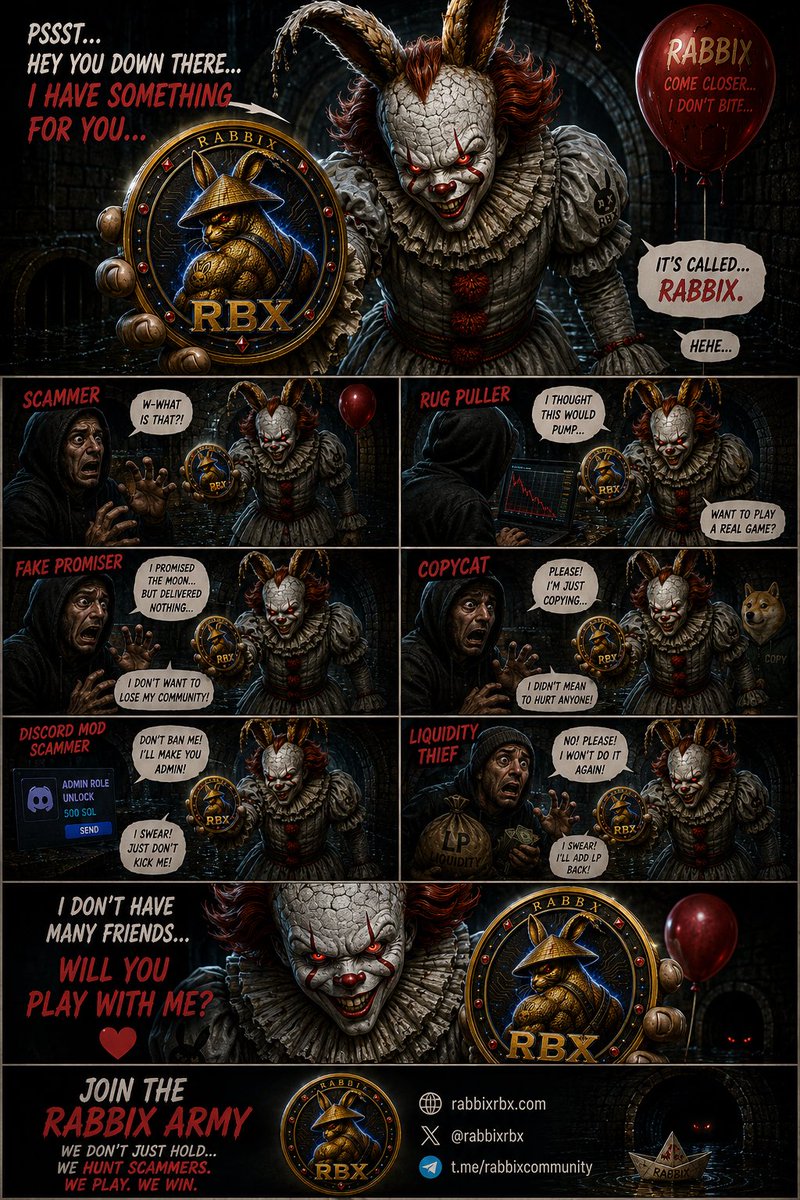 RABIXRBX's tweet photo. some chase the next victim…

we chase scammers. 🎈🐰

welcome to the rabbix universe.

🎬 watch the meme
❤️ like & comment
🔁 repost if it made you smile
💬 join the community

🌐 https://t.co/cudWXVX5hm

🐦 https://t.co/MjUMLHMBx4

💬 https://t.co/UksUTIB7Pg

#rbx #rabbix #solana #memecoin #crypto #web3 #cryptomemes #meme #scam #rugpull #xcommunity #cryptocommunity #viral #fyp #TrendingTN