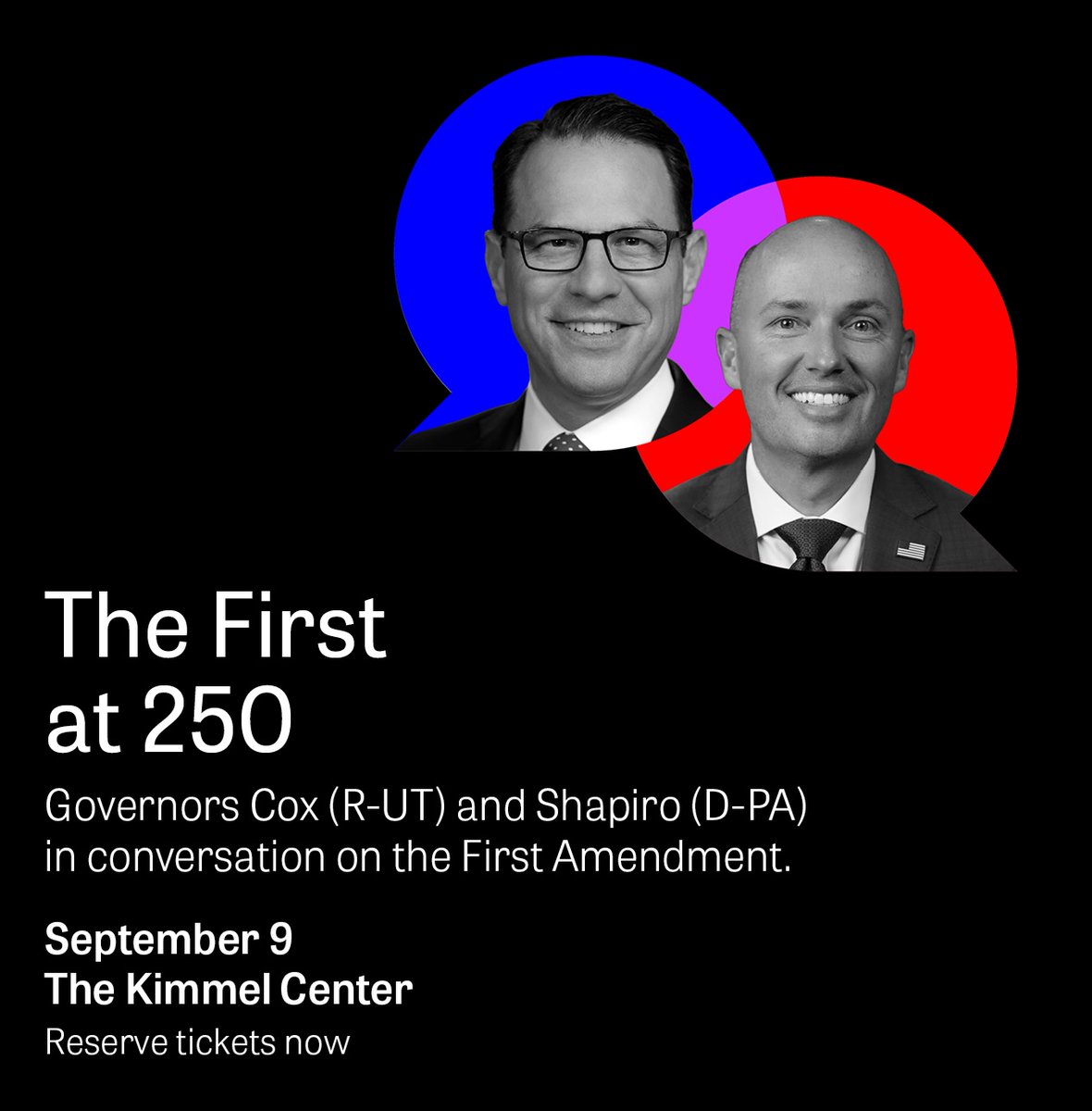 knightfdn's tweet photo. Knight Foundation in partnership with Disagree Better and @ConstitutionCtr  presents The First at 250: @GovCox  and @GovernorShapiro  on the First Amendment &amp; civil dialogue. Sept. 9, 5:30 PM, Kimmel Center, Philly. Free tickets here: https://t.co/PjZc9dvZxF #TheFirstAt250 https://t.co/tcq71DtHPn
