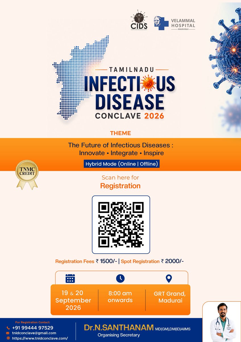 santhanam07's tweet photo. 🦠 TNIDC 2026 – Registration Open!

📅 19–20 September 2026
📍 GRT Grand, Madurai | 💻 Hybrid Mode
Abstract submissions are now open!
🔗 https://t.co/kDKbqc19wN
#TNIDC2026 #InfectiousDiseases #MedicalConference #Madurai #DrSanthanam #InfectiousDiseaseSpecialist #InfectiousDisease https://t.co/MShTRNvijV