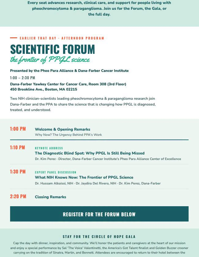 PheoPara's tweet photo. Book now for the 2026 Circle of Hope Gala in Boston! Join us Sept 19 as we honor Jonathan Pascual--with guest author Bethel Stevens.
🌟Plus: free #PPGL #pheo #paraganglioma Scientific Forum (1–2:30 PM) with Dana‑Farber experts--in person or virtual.
🎟️https://t.co/OExvQKX3RB https://t.co/m7l68o0bOh