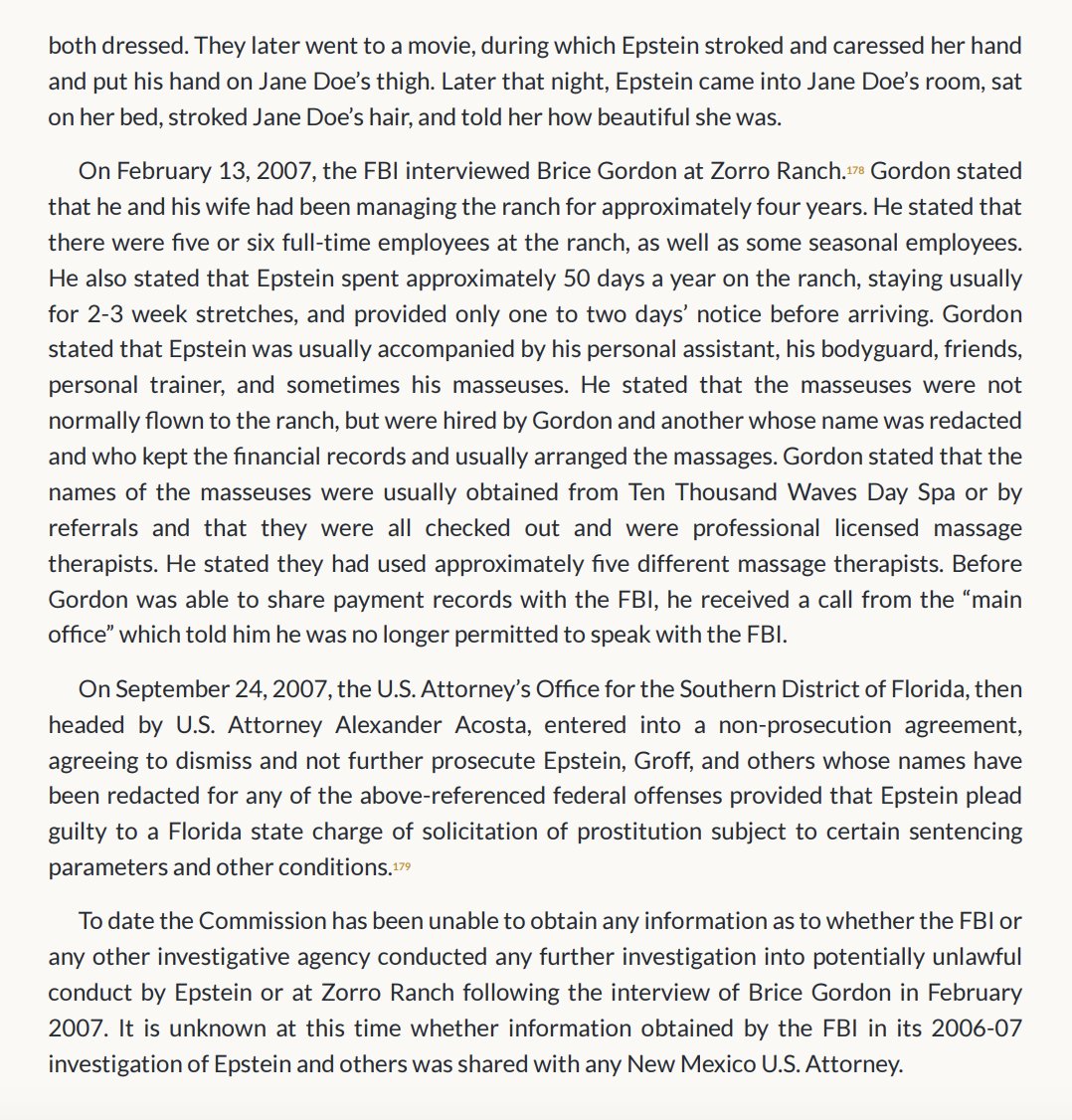 Furbeti's tweet photo. In 2007, as the FBI investigated allegations involving a high school student at Jeffrey Epstein’s Zorro Ranch, agents interviewed the property’s manager, Brice Gordon.

Gordon said another person at the ranch kept the financial records, usually arranged the massages, and could provide the names of the massage therapists and the amounts paid to them. He brought the agents to meet her.

As they arrived, Gordon received a call from the “main office” saying they were no longer allowed to speak with the FBI.

Nearly 20 years later, a New Mexico commission says it has been unable to determine whether the FBI or any other agency conducted a further investigation into potentially unlawful conduct at the ranch after that interview.