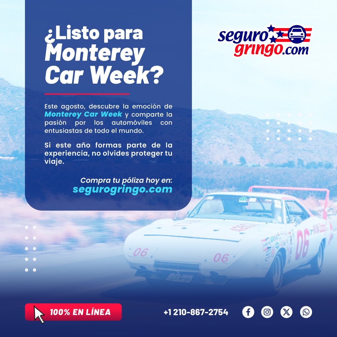 Segurogringo's tweet photo. Descubre Monterey Car Week🚘
Autos clásicos, superdeportivos y algunas de las exhibiciones más importantes del mundo automotriz se reúnen en California.

¿Viajas a USA? Contrata tu seguro de responsabilidad civil antes de salir.
https://t.co/CNBlMReJce

#MontereyCarWeek https://t.co/k6g0DtH1Xu