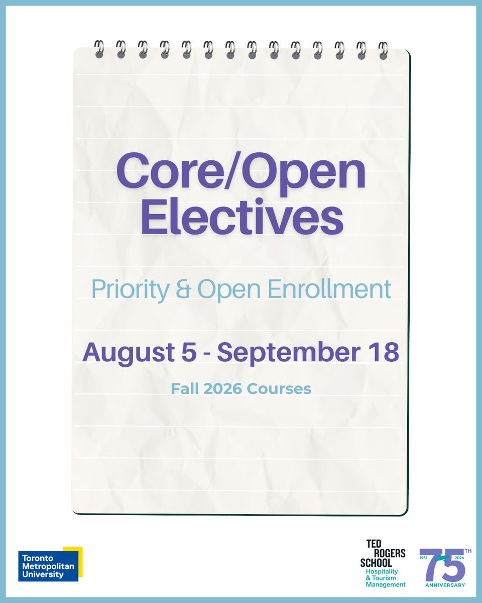 THEMTorontoMet's tweet photo. 📚 Fall 2026 Electives (Core + Open)

Whether you’re diving deeper into your major or trying something new, this is your chance to tailor your semester to your interests.

🔗 Log into MyServiceHub to review available courses! https://t.co/qmoM61xHso
