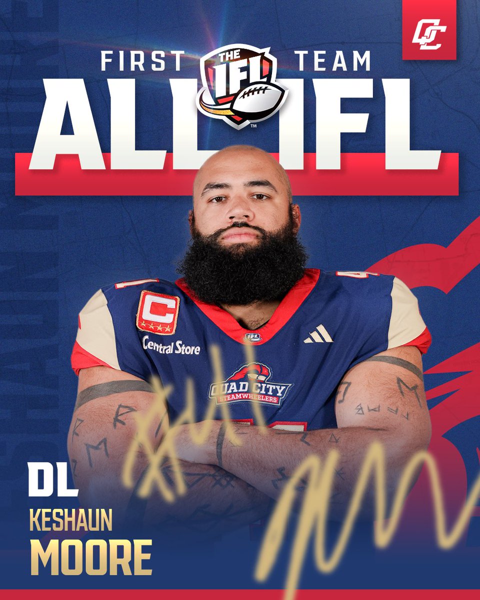 QCSteam's tweet photo. No debate, the deadliest in the trenches 😈

Congratulations to our very own, Captain &amp; DL, Keshaun Moore on being named First Team All-IFL‼️

#sQUADCITY | #EarnYourStacks https://t.co/3sfntCTQvZ