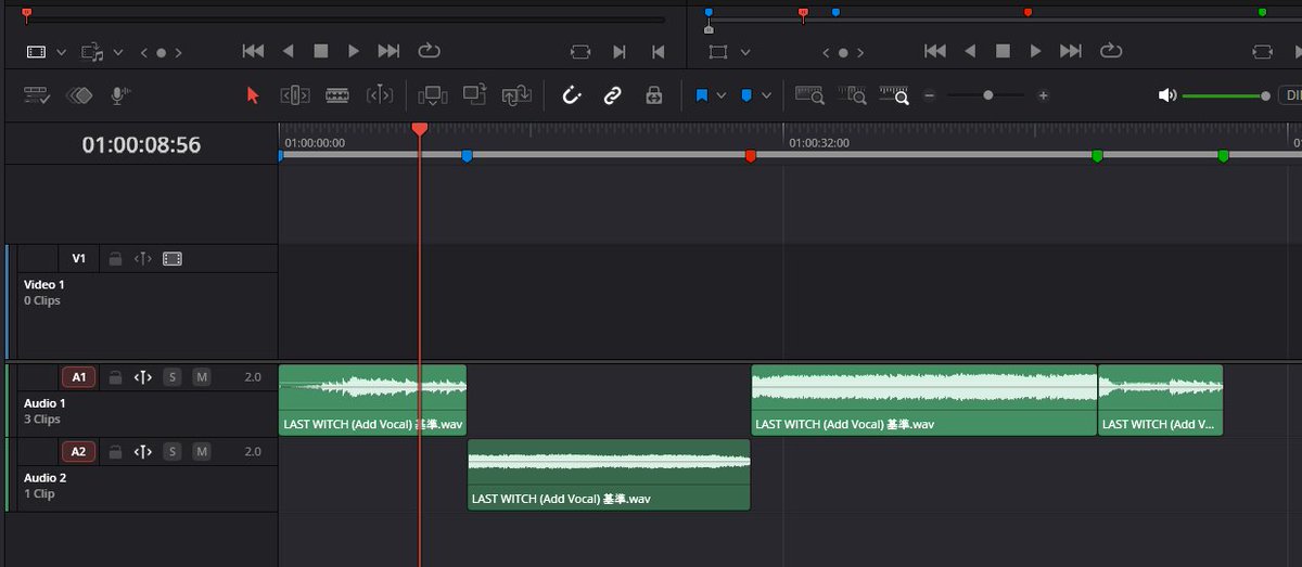 Kavera_lab's tweet photo. 【開発メモ】
DaVinci Resolve（映像編集ソフト）でPV作成ですが，曲の繋ぎ方からして覚えるの苦労しますね。構成は静かな希望→違和感→遭遇 →バトロワ→タイトルを予定。ゲーム紹介と併せて１本のバトロワが表現できるようにしたい（理想） https://t.co/HvC00xz3Zl