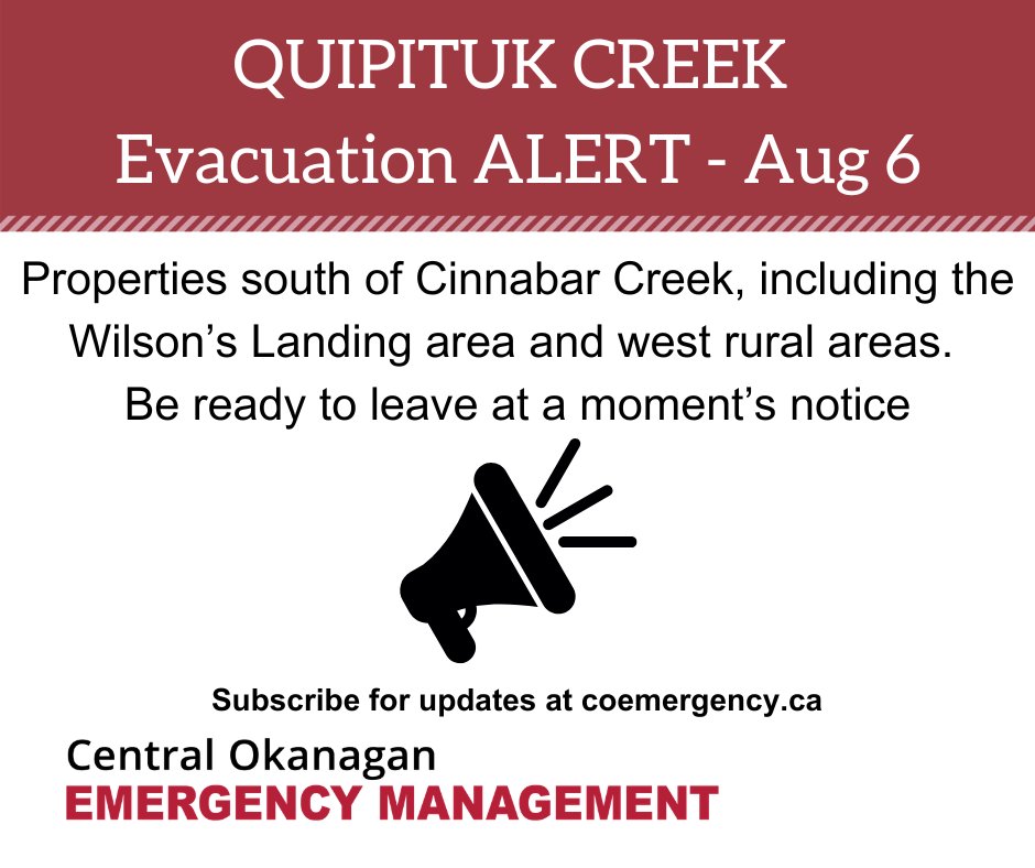 CO_Emerg's tweet photo. Evacuation Alert issued for properties south of Cinnabar Creek, including the Wilson’s Landing area and west rural areas.
Due to the nearby Quilpituk Creek wildfire, properties in this area are on EVACUATION ALERT. View areas on alert at https://t.co/K7jQVqT5R1 https://t.co/TiEvh1NdgB