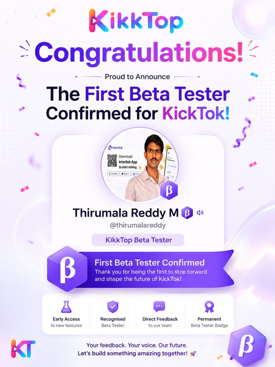 ThirumalaM9207's tweet photo. KikkTop Team నన్ను KikkTop చరిత్రలో మొట్టమొదటి Official Beta Tester గా ఎంపిక చేసి, Official Beta Tester Badge తో సత్కరించింది.
Proud to be the First Official KikkTop Beta Tester! 🥇💜
Let's build the future of KikkTop together! 🚀🔥
#kikktop #kikkkoin https://t.co/Ae1FzrNbaC