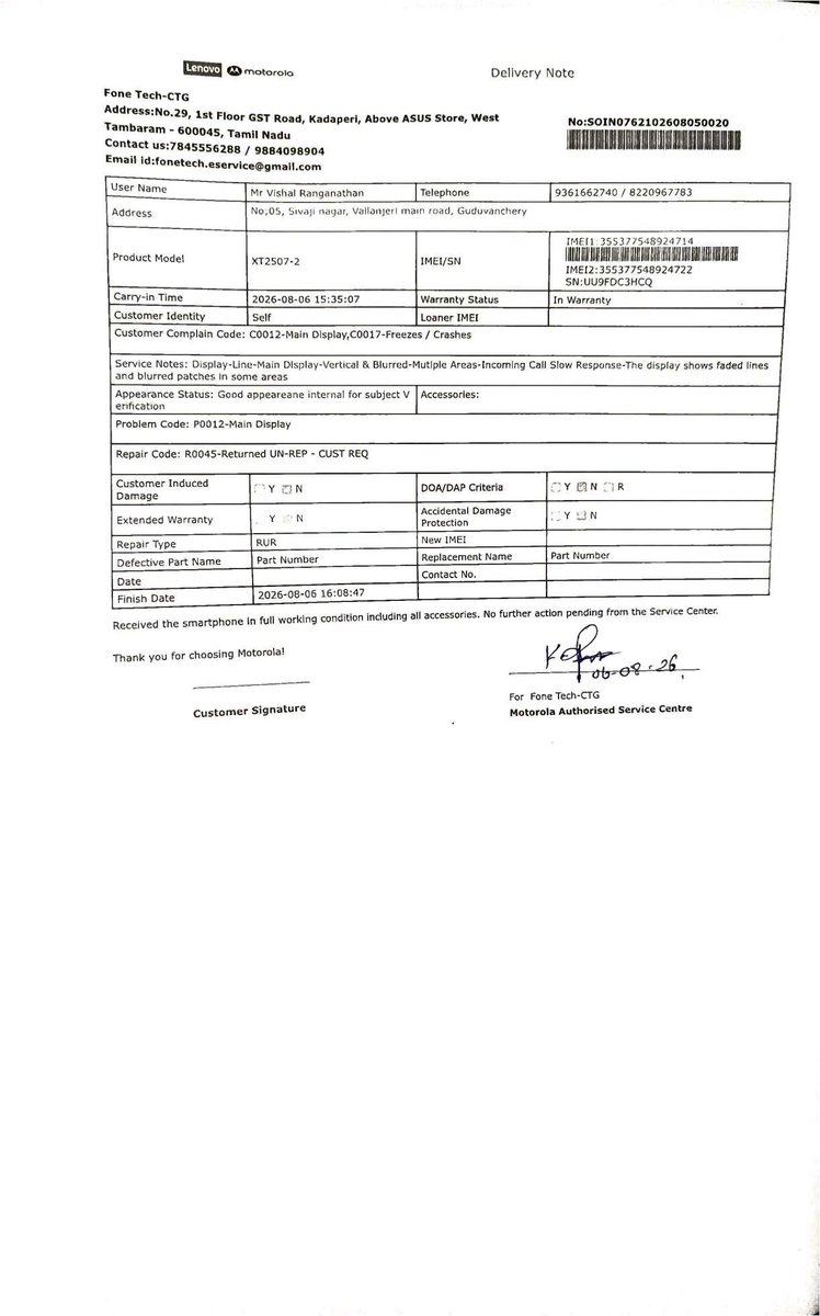 Vishalvgr's tweet photo. Hi @MotorolaIN @MotorolaSupport
​Bought a new Moto phone 11 days ago. Got display vertical lines due to a manufacturing defect. Authorized service center (Tambaram) refused DOA replacement &amp; offered repair only! 💔
​Need your urgent intervention.
​#MotorolaIndia #DefectivePhone https://t.co/9PKc5omeXK