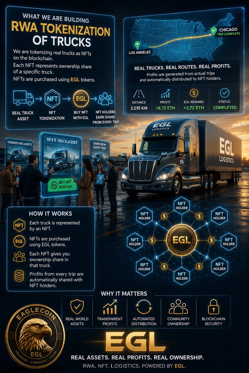 EagleCoinBNB's tweet photo. 🚛 The Future of Logistics Starts Here.

We’re building an ecosystem where real-world trucks become tokenized RWA assets through NFTs.

Here’s how it works:

🔹 Each truck is divided into NFT shares.
🔹 NFTs are purchased exclusively with $EGL.
🔹 Every NFT represents ownership in a specific truck.
🔹 As the truck completes real freight trips, revenue is generated.
🔹 Trip profits are distributed proportionally among NFT holders.

Our goal is to connect blockchain with real logistics, creating transparent ownership backed by real-world assets.

Real Trucks. Real Assets. Real Utility.

🦅 Powered by $EGL

#RWA #NFT #EGL #Logistics #Tokenization #RealWorldAssets #BNBChain #Web3 #Crypto