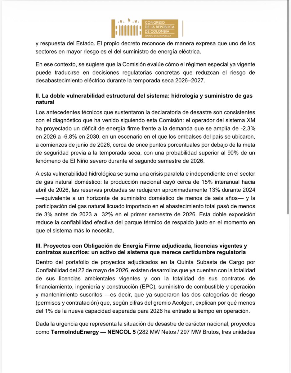 Juan_EspinalR's tweet photo. He defendido la autonomía de las instituciones, la #CREG es un organismo técnico que merece todo el respeto por su independencia.
Pero ante el escenario que enfrenta el país, solicité a la CREG evaluar, las facultades que le activa el Decreto 0802 de 2026 sobre la declaratoria de desastre nacional por El Niño 2026–2027.
Entre las facultades: 1) agilizar trámites administrativos para proyectos con Obligación de Energía Firme que ya cuentan con licencias y contratos vigentes, y 2) evaluar ampliar el plazo de garantías SBLC de la Quinta Subasta de Cargo por Confiabilidad próxima a vencerse.
Hoy cuentan con esta facultad, que implementadas a tiempo, ayudará a que Colombia no se apague.
Señores @PGN_COL @CGR_Colombia se hace urgente aplicar estas medidas.
#SeguridadEnergética
@ABDELAESPRIELLA @MinEnergiaCo @mn_arboleda