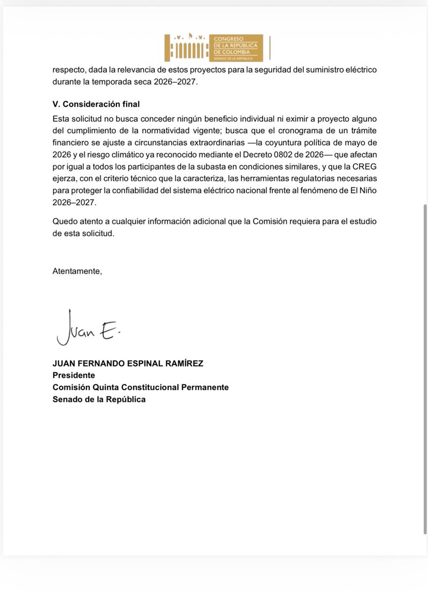 Juan_EspinalR's tweet photo. He defendido la autonomía de las instituciones, la #CREG es un organismo técnico que merece todo el respeto por su independencia.
Pero ante el escenario que enfrenta el país, solicité a la CREG evaluar, las facultades que le activa el Decreto 0802 de 2026 sobre la declaratoria de desastre nacional por El Niño 2026–2027.
Entre las facultades: 1) agilizar trámites administrativos para proyectos con Obligación de Energía Firme que ya cuentan con licencias y contratos vigentes, y 2) evaluar ampliar el plazo de garantías SBLC de la Quinta Subasta de Cargo por Confiabilidad próxima a vencerse.
Hoy cuentan con esta facultad, que implementadas a tiempo, ayudará a que Colombia no se apague.
Señores @PGN_COL @CGR_Colombia se hace urgente aplicar estas medidas.
#SeguridadEnergética
@ABDELAESPRIELLA @MinEnergiaCo @mn_arboleda