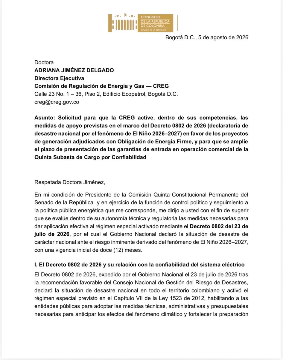 Juan_EspinalR's tweet photo. He defendido la autonomía de las instituciones, la #CREG es un organismo técnico que merece todo el respeto por su independencia.
Pero ante el escenario que enfrenta el país, solicité a la CREG evaluar, las facultades que le activa el Decreto 0802 de 2026 sobre la declaratoria de desastre nacional por El Niño 2026–2027.
Entre las facultades: 1) agilizar trámites administrativos para proyectos con Obligación de Energía Firme que ya cuentan con licencias y contratos vigentes, y 2) evaluar ampliar el plazo de garantías SBLC de la Quinta Subasta de Cargo por Confiabilidad próxima a vencerse.
Hoy cuentan con esta facultad, que implementadas a tiempo, ayudará a que Colombia no se apague.
Señores @PGN_COL @CGR_Colombia se hace urgente aplicar estas medidas.
#SeguridadEnergética
@ABDELAESPRIELLA @MinEnergiaCo @mn_arboleda
