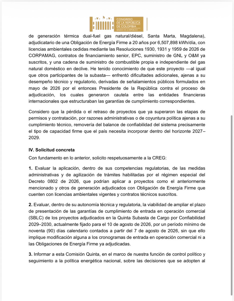 Juan_EspinalR's tweet photo. He defendido la autonomía de las instituciones, la #CREG es un organismo técnico que merece todo el respeto por su independencia.
Pero ante el escenario que enfrenta el país, solicité a la CREG evaluar, las facultades que le activa el Decreto 0802 de 2026 sobre la declaratoria de desastre nacional por El Niño 2026–2027.
Entre las facultades: 1) agilizar trámites administrativos para proyectos con Obligación de Energía Firme que ya cuentan con licencias y contratos vigentes, y 2) evaluar ampliar el plazo de garantías SBLC de la Quinta Subasta de Cargo por Confiabilidad próxima a vencerse.
Hoy cuentan con esta facultad, que implementadas a tiempo, ayudará a que Colombia no se apague.
Señores @PGN_COL @CGR_Colombia se hace urgente aplicar estas medidas.
#SeguridadEnergética
@ABDELAESPRIELLA @MinEnergiaCo @mn_arboleda