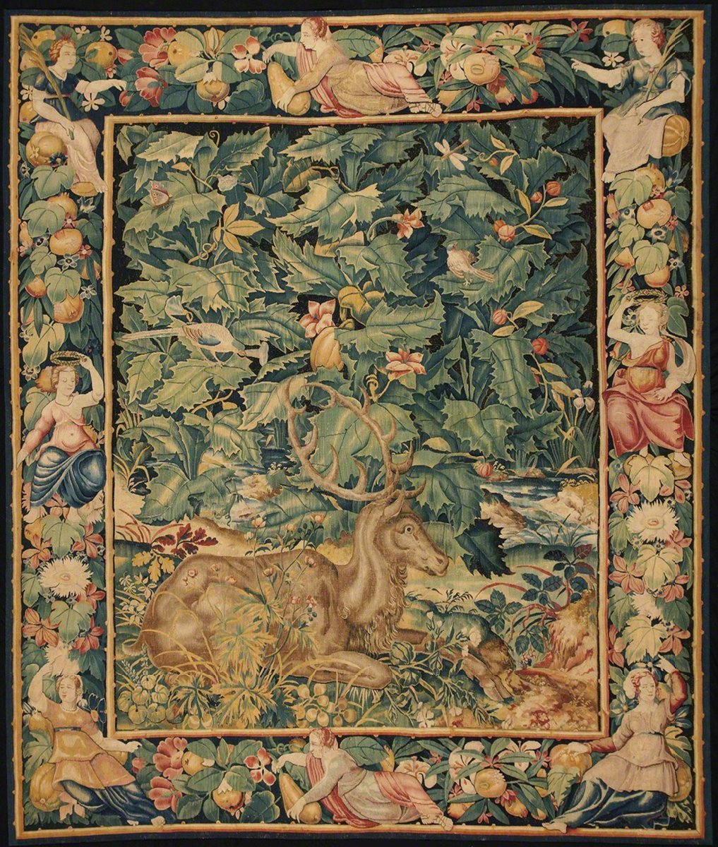 MenschOhneMusil's tweet photo. Feuilles de Choux with Stag, c. 1550-1570. Unknown Flemish. Wool and silk tapestry. https://t.co/HASLjqaTIf