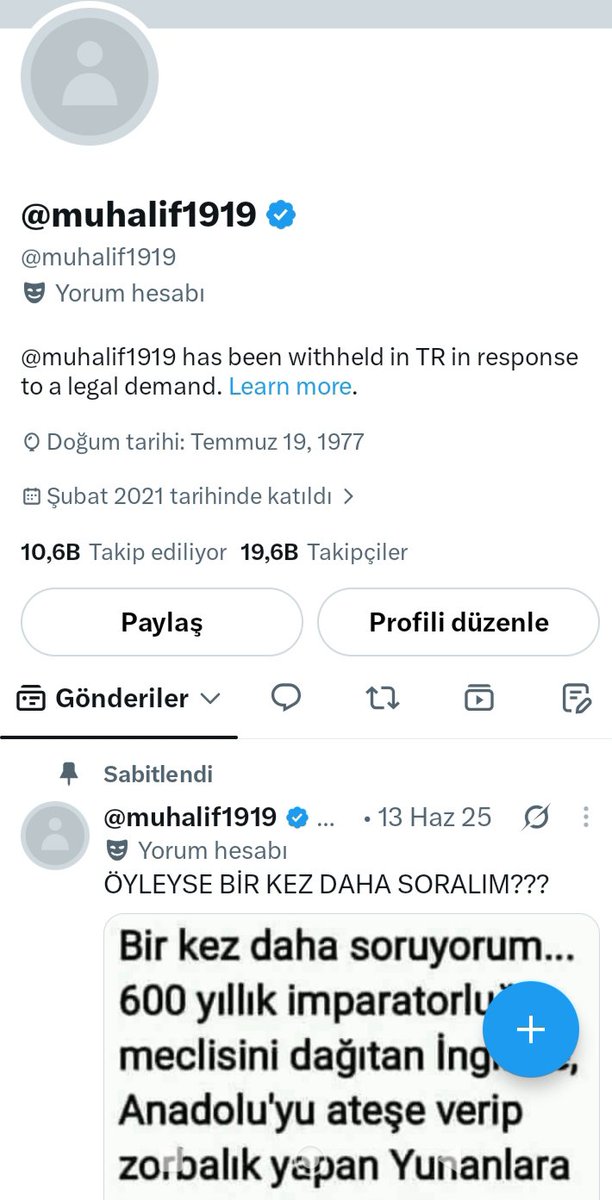 1923muhalif's tweet photo. Değerli Dostlarıma hitaben, 

Aşağıdaki ekte görüldüğü üzere ana hesabım olan muhalif1919 maalesef Türkiye'den erişime engellendi. Bu sebeple @1923muhalif 👈 yeni hesabım olup, yoğun şekilde takibe alırsanız çok sevinirim. Hepinize şimdiden teşekkür ediyorum 🙏❤️ https://t.co/grEv2bxc5X