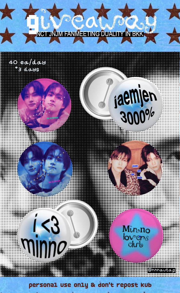 nnnautag's tweet photo. pls kindly rt <3

giveaway jnjm fanmeeting
🫸🏻 &amp; special for minno 🫷🏻

🌀 button pin  pack 40 pcs / day

date : 7-9 aug @ impact arena
time : tba

🧤thanks for rt 
come grab one if you see me💫
for exchange please dm 

#NCTJNJM_FANMEETING_TOUR
#NCTJNJM_FANMEETING_TOUR_DUALITY https://t.co/JRS8ZFepD2