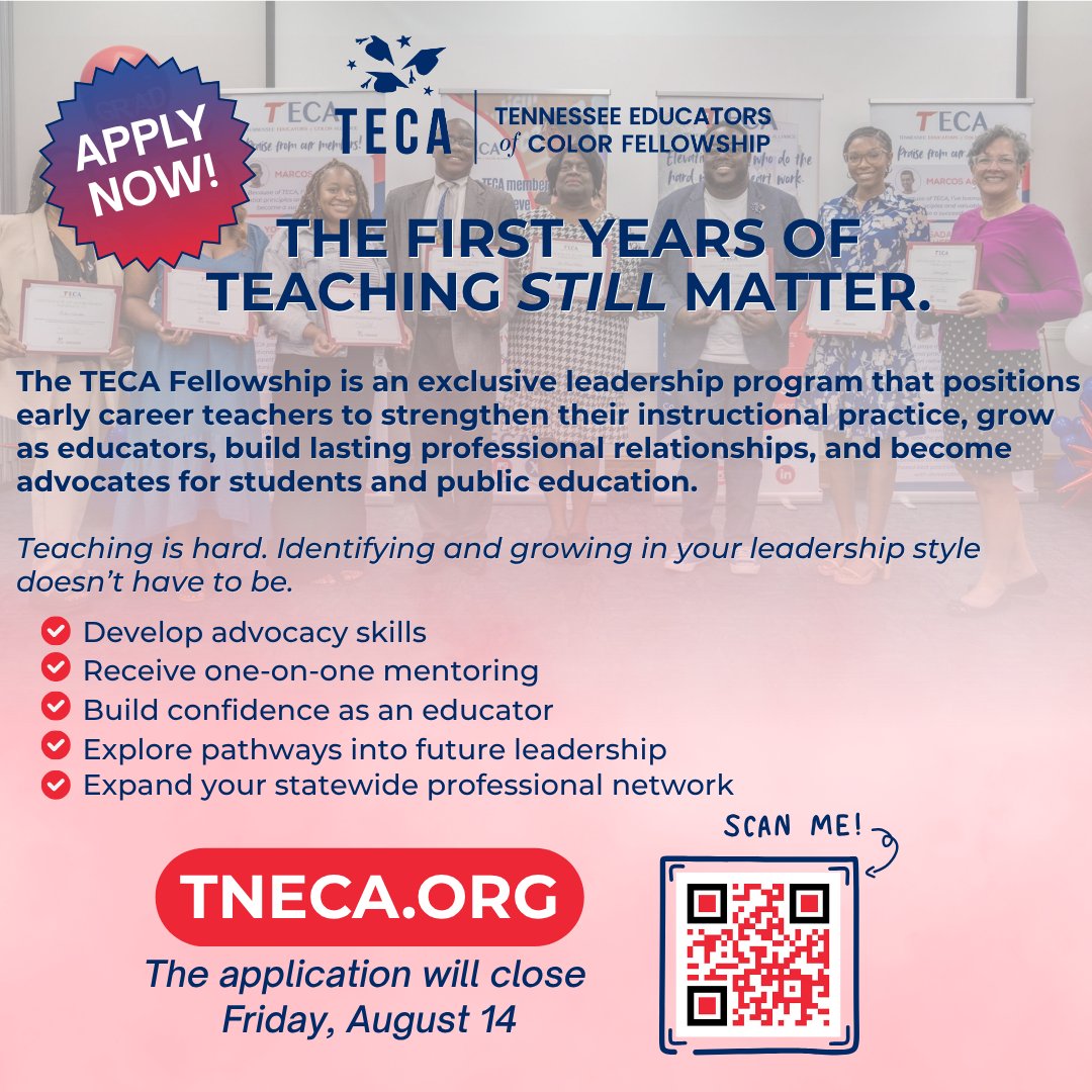 TNEdColorAllies's tweet photo. TECA Fellowship guides early career educators in strengthening their instructional practice, becoming an education advocate, relationship building, and more!

Apply by Friday, August 14. 
🔗 https://t.co/Zip2bMTH8k https://t.co/8h2ZJeSUV6