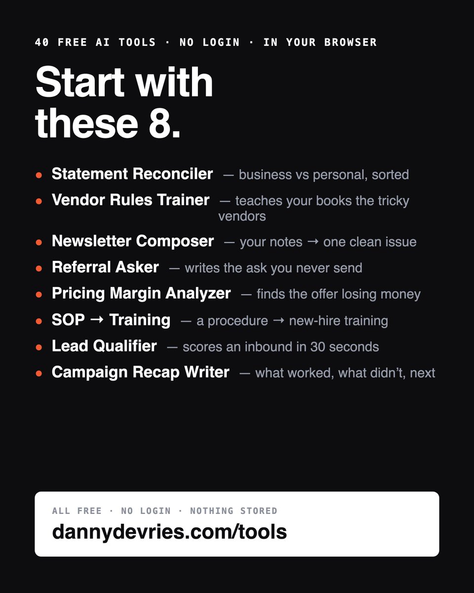 kddevries's tweet photo. I've shipped 40 free AI tools for small-business operators this year. No login, no upsell — they run in your browser.

Here are the 8 I'd steal first:
● Statement Reconciler — sorts business vs personal on your card
● Vendor Rules Trainer — teaches…
https://t.co/sq494IDnii https://t.co/UADRdxC64r