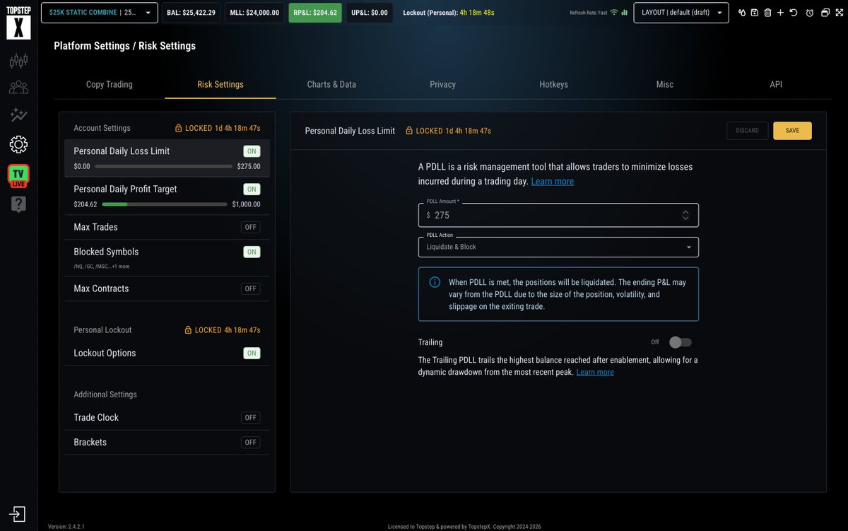 TacticalT888's tweet photo. This is the craziest thing I have seen so far, nobody is remotely close to this
I can lock my risk setting for a week!
Nothing can stop me from following my own rules from now on, especially me
TopstepX by @Topstep is by far the best trading futures platform, you cannot disagree with me here!