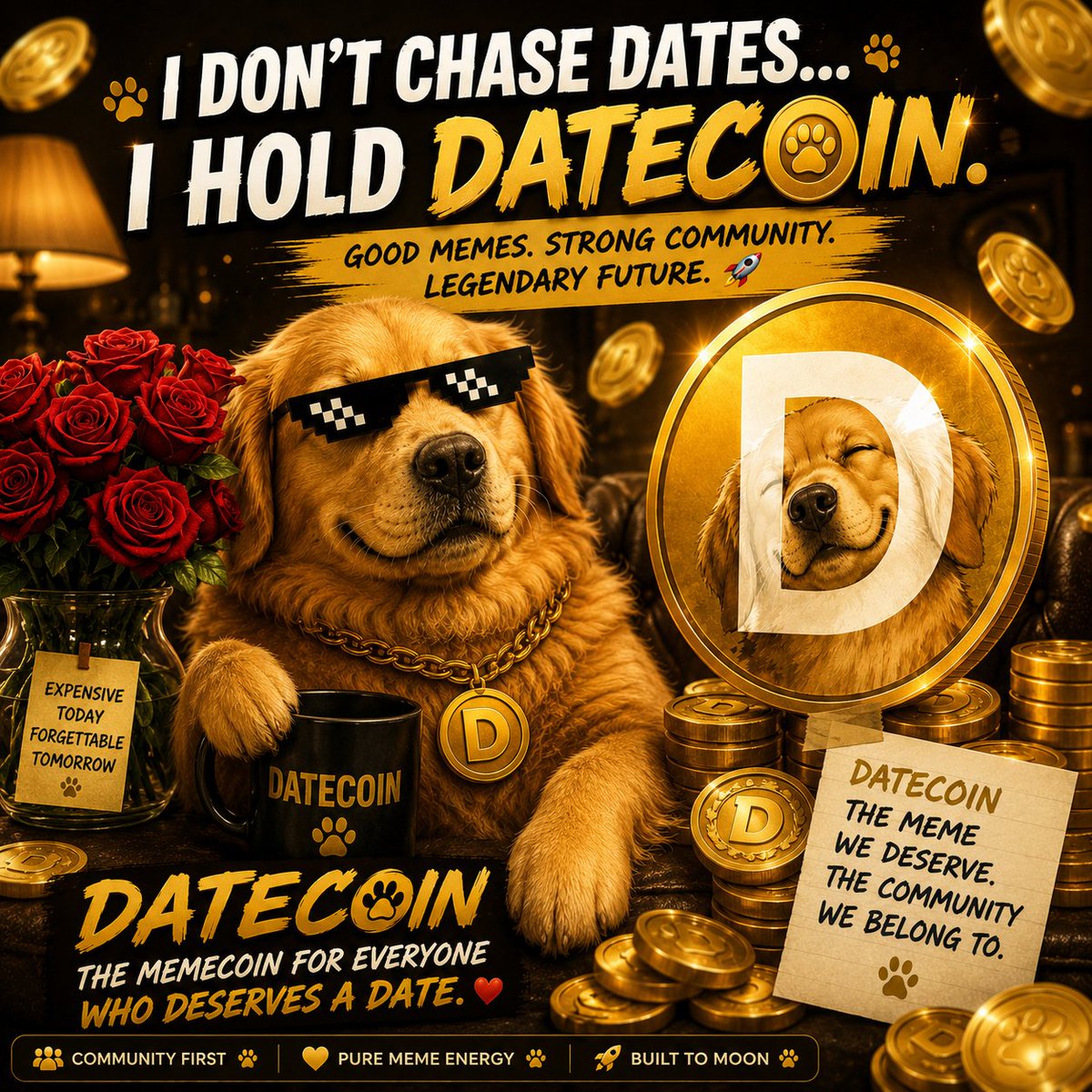 NIMSON027's tweet photo. Love is temporary. Memes are forever. 
The only date I'm chasing is DATECOIN. 💛She wanted roses. 🌹 I chose DATECOIN. 🐶🪙
@peyetol 
#DATECOINMEME https://t.co/iHdzpipe2y