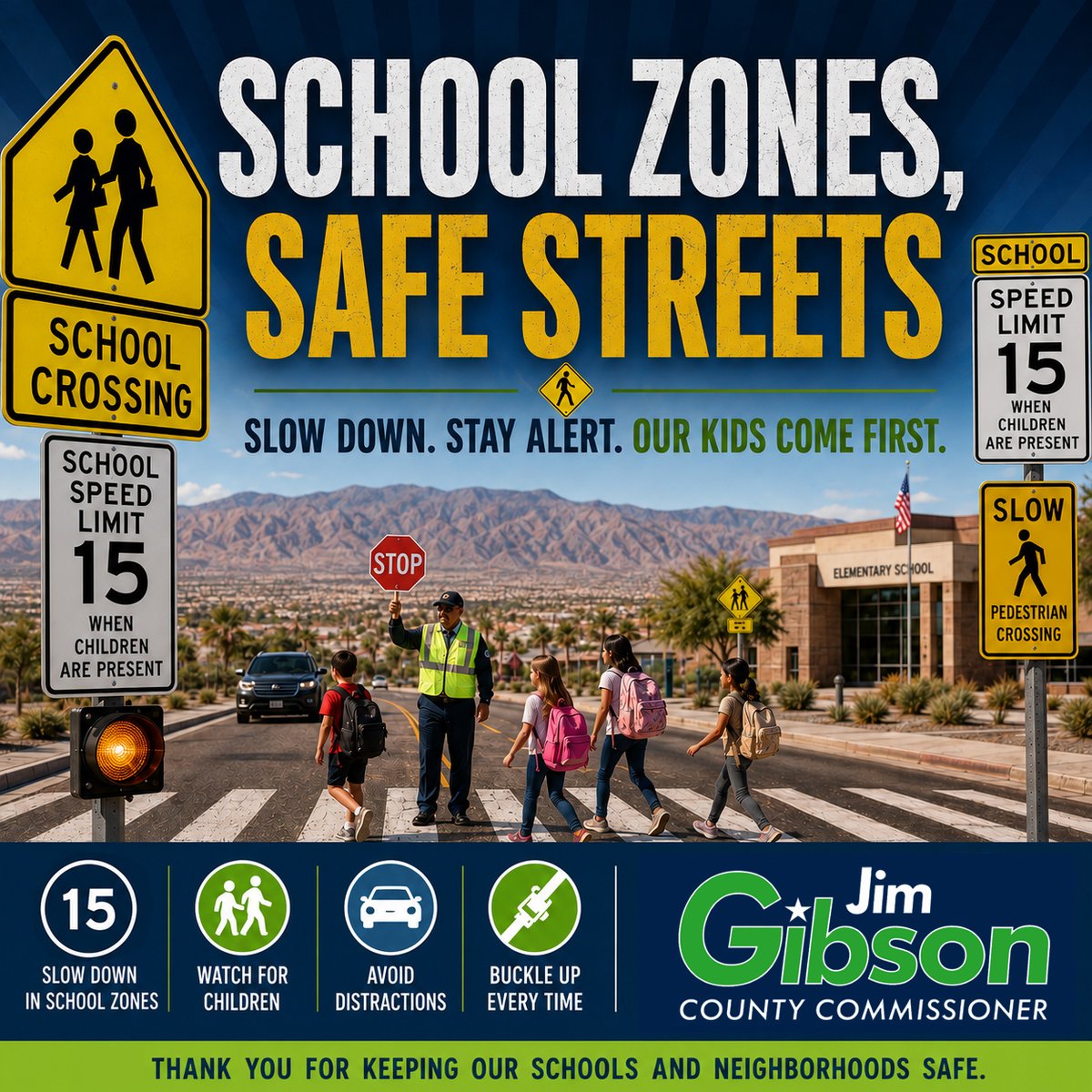 votejimgibson's tweet photo. "New School Start Times - Know Before You Go!"
The new school year brings with it new school start times. Students, parents, neighbors and commuters should be aware of the new times that go into effect on Monday. Middle Schools will now start at 7:30 a.m., High Schools at 8:30 a.m., and Elementary Schools at 9:15 a.m. And don't forget, School Zone speeding penalties have doubled. Stay alert and slow down for kids' sake. #School #hendersonnv #DistrictG #southeastlv #bouldercitynv #summer #lasvegas #WinWithJim