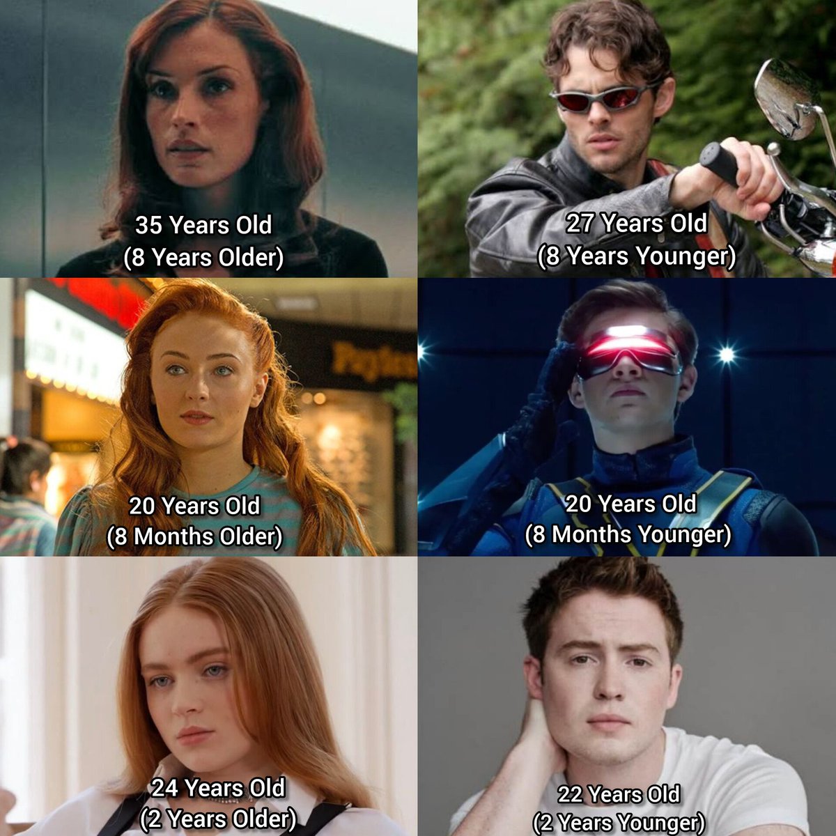 BattinsonMarvel's tweet photo. If I had a nickel for every time the actor playing Cyclops was younger than the actress playing Jean Grey, I'd have 3 nickels, which isn't a lot but it's weird that it happened twice! https://t.co/CdErjAhs3q