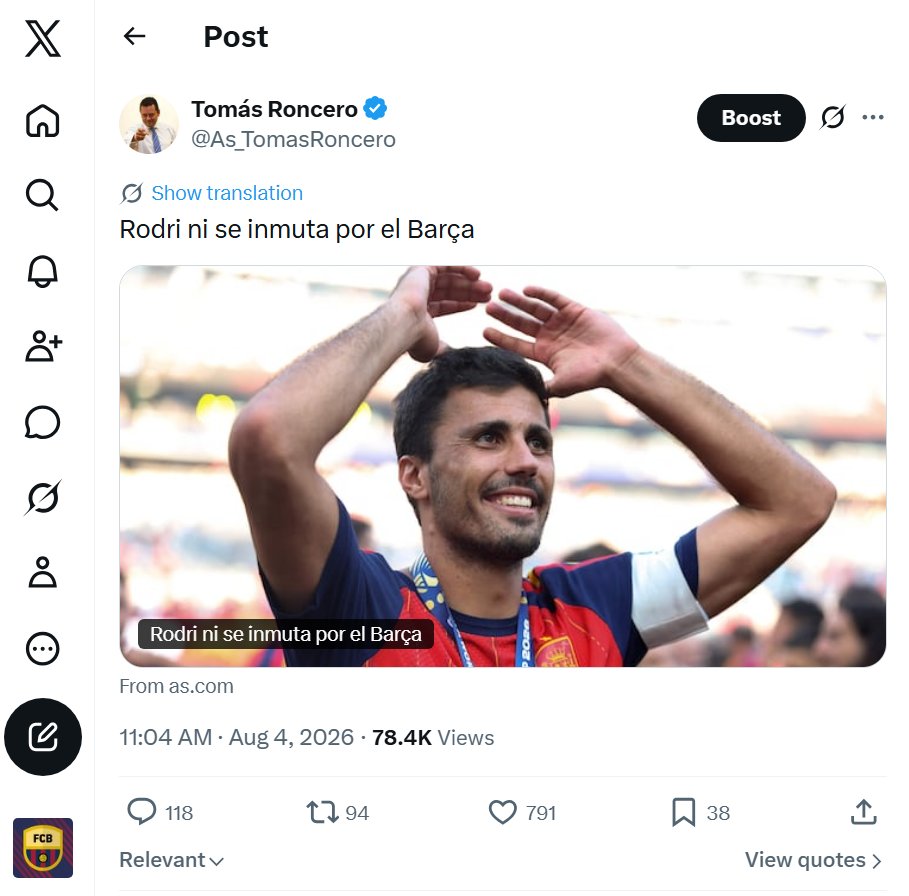 Forca_Fcb's tweet photo. توماس رونسيرو (AS) قبل يومين: 

رودري لا يكترث لبرشلونة

حسم موقفه. إذا غادر مان سيتي، فسيكون ذلك فقط من أجل اللعب مع ريال مدريد 😂

لا يساور لاعب السيتي الحالي أي شك، ولا يفكر تقريبًا إلا في خيار واحد

رغم اهتمام النادي الكتالوني، لا يفكر رودري سوى في اللعب مع الفريق الأبيض

باريس وبايرن ميونيخ تخلوا عن محاولة التعاقد معه، بعدما أدركوا رغبته في ارتداء القميص الأبيض
