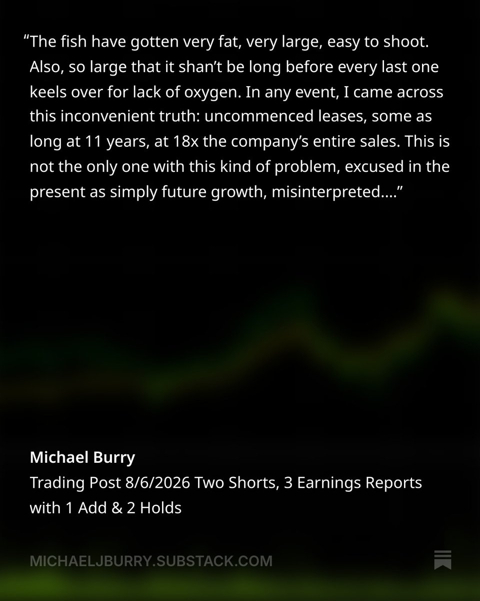 michaeljburry's tweet photo. Trading Post 8/6/2026 Two Shorts, 3 Earnings Reports with 1 Add &amp; 2 Holds
https://t.co/kjhZinfmOQ
This is a bit like shooting fish in a barrel. https://t.co/DrQkg8Vi89