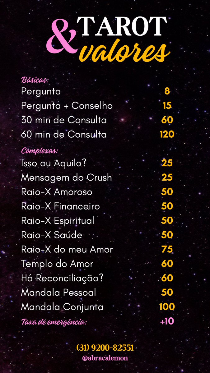 anadelemon's tweet photo. ✨Seja bem-vindo(a) ao meu espaço espiritual!✨

Me chamo Limão 🍋, e meu trabalho é auxiliar pessoas em suas jornadas de autoconhecimento e transformação através de diferentes ferramentas espirituais e energéticas. Aqui você encontra:

🃏 Tarot
Consultas, mandalas, análises amorosas, previsões e métodos exclusivos como Mensagem do Crush e Raio-X do Meu Amor.

💫 Astrologia Multidimensional
Leituras aprofundadas que integram astrologia tradicional e moderna, incluindo asteroides, estrelas fixas, pontos matemáticos e indicadores kármicos para uma análise mais completa e personalizada.

🪽 Magias Angélicas
Rituais voltados para proteção, cura, amor, prosperidade, intuição, transmutação e conexão espiritual.

🍀 Magias Naturais
Trabalhos de harmonização, equilíbrio energético, alinhamento dos chakras e libertação de padrões e vínculos negativos.

⚔️ Magias de Proteção e Justiça Espiritual
Trabalhos focados na limpeza espiritual de energias enviadas e devolução de débitos kármicos.

✨ Cada atendimento é realizado com dedicação, respeito e responsabilidade, buscando oferecer clareza, orientação e apoio para os desafios e oportunidades da sua caminhada.

Seja para compreender melhor seus caminhos, fortalecer sua energia ou encontrar novas perspectivas, conte comigo para caminhar ao seu lado! 

👉 Agendamentos e informações pelo direct ou WhatsApp: +55 31 920082551