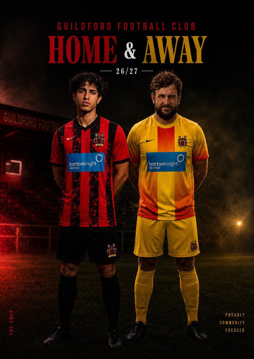 GuildfordAFC's tweet photo. Introducing the official Guildford Football Club kits for the 26/27 season.
We are proud to be partnered once again with our principal sponsor, @BartonKnightElc
#GuildfordFC #HomeKit #AwayKit #BartonKnightElectrical #liveherewego #football
https://t.co/8qXLWXTSbL https://t.co/T9RgVn5blT