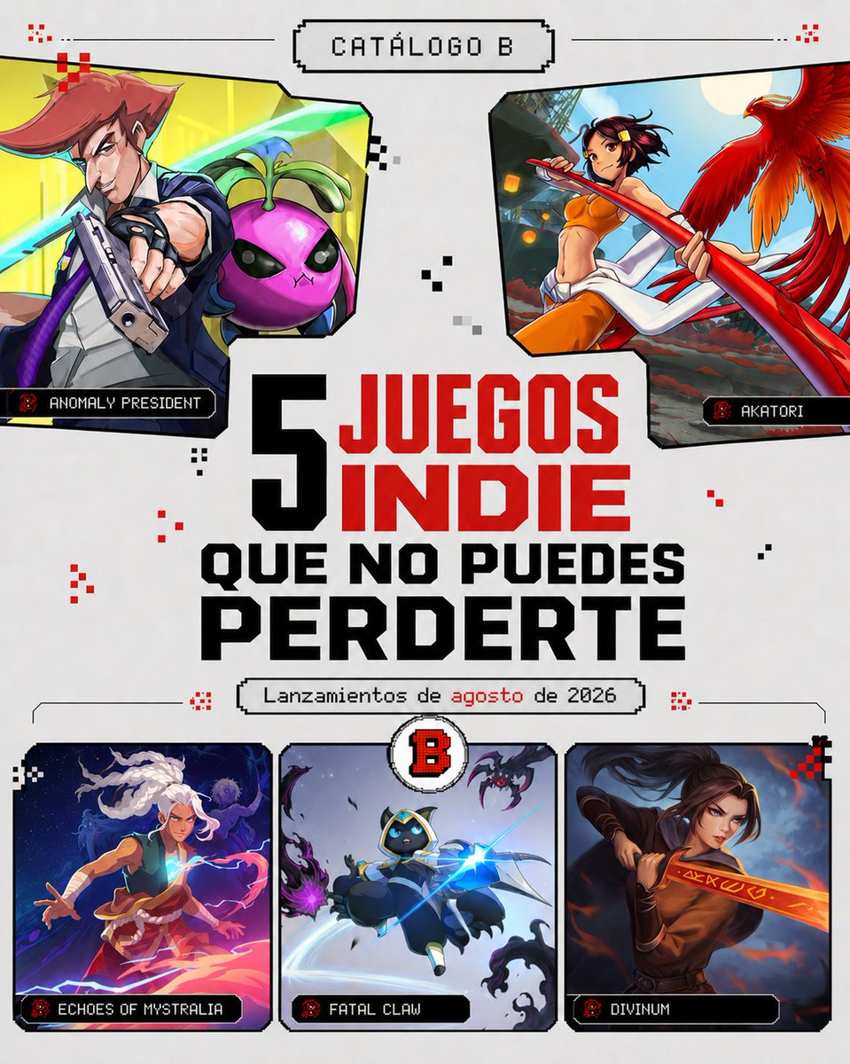 Catalogob's tweet photo. 🔥 5 juegos indie que salen en agosto de 2026 y vas a querer jugar sí o sí.

Nuevos roguelites, metroidvanias y RPG de acción indie que llegan a Steam. Guarda este carrusel y dime: ¿cuál va directo a tu wishlist?

#juegosindie #indiegames #steamgames #metroidvania #gaming https://t.co/bwfFRKsUiY