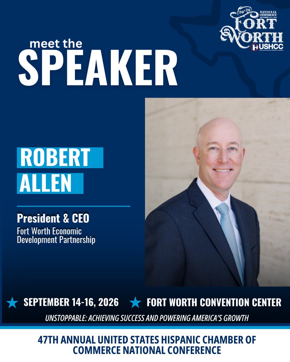 FortworthEDP's tweet photo. Fort Worth EDP CEO Robert Allen will be speaking at the @USHCC 47th National Conference in Fort Worth this September. Register today! https://t.co/jA4q81fET2

#USHCCFortWorth26 https://t.co/nDq4d1W77n