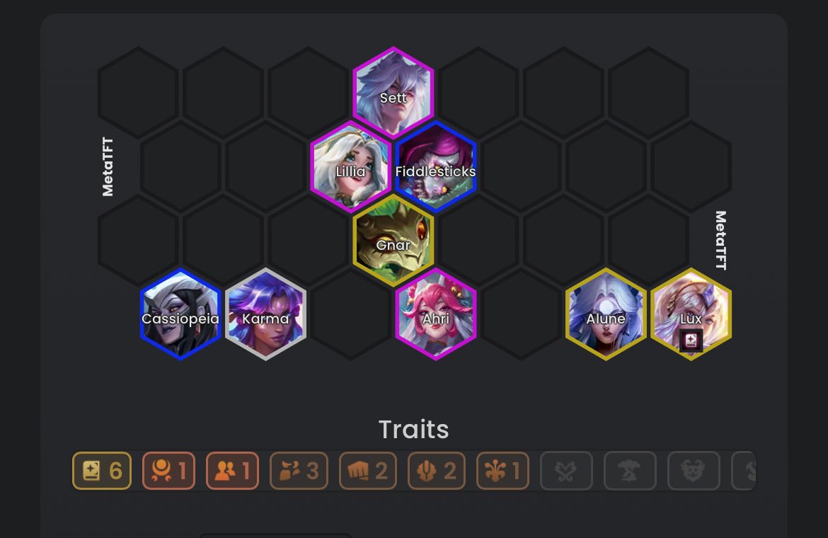 Cat_Alan_Vibes's tweet photo. I’ve been having fun playing set 18 on PBE using this fast 8 Ahri-Soraka Spellweaver comp. Ahri main carry &amp; Sett main tank. Caps around Alune, Lux (Blossom, Elderwood or Lunar) and Gnar. You can also go 6 spellweaver w/ out Soraka if you can make it to Lux (+ emblem). 
#TFT https://t.co/LDz2mY1uL1