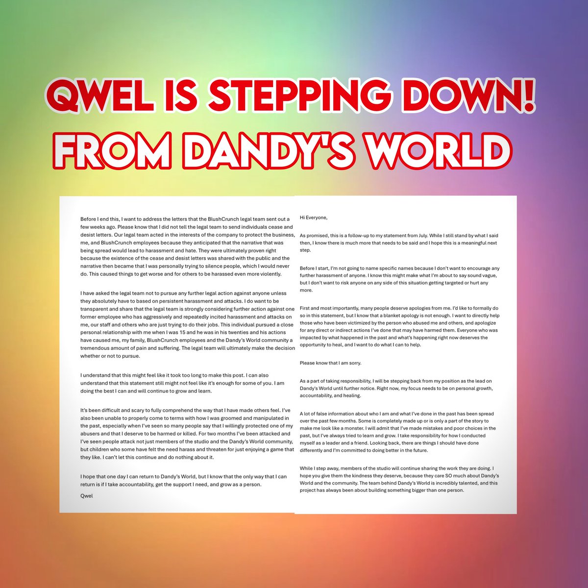 mascotmassacre's tweet photo. 🚨 Dandy's World's creator Qwel has announced she's stepping back as the lead for the foreseeable future.

She said she's taking responsibility for poor management and hopes it helps end the harassment toward the dev team &amp; fanbase. https://t.co/pxErrCxHh7