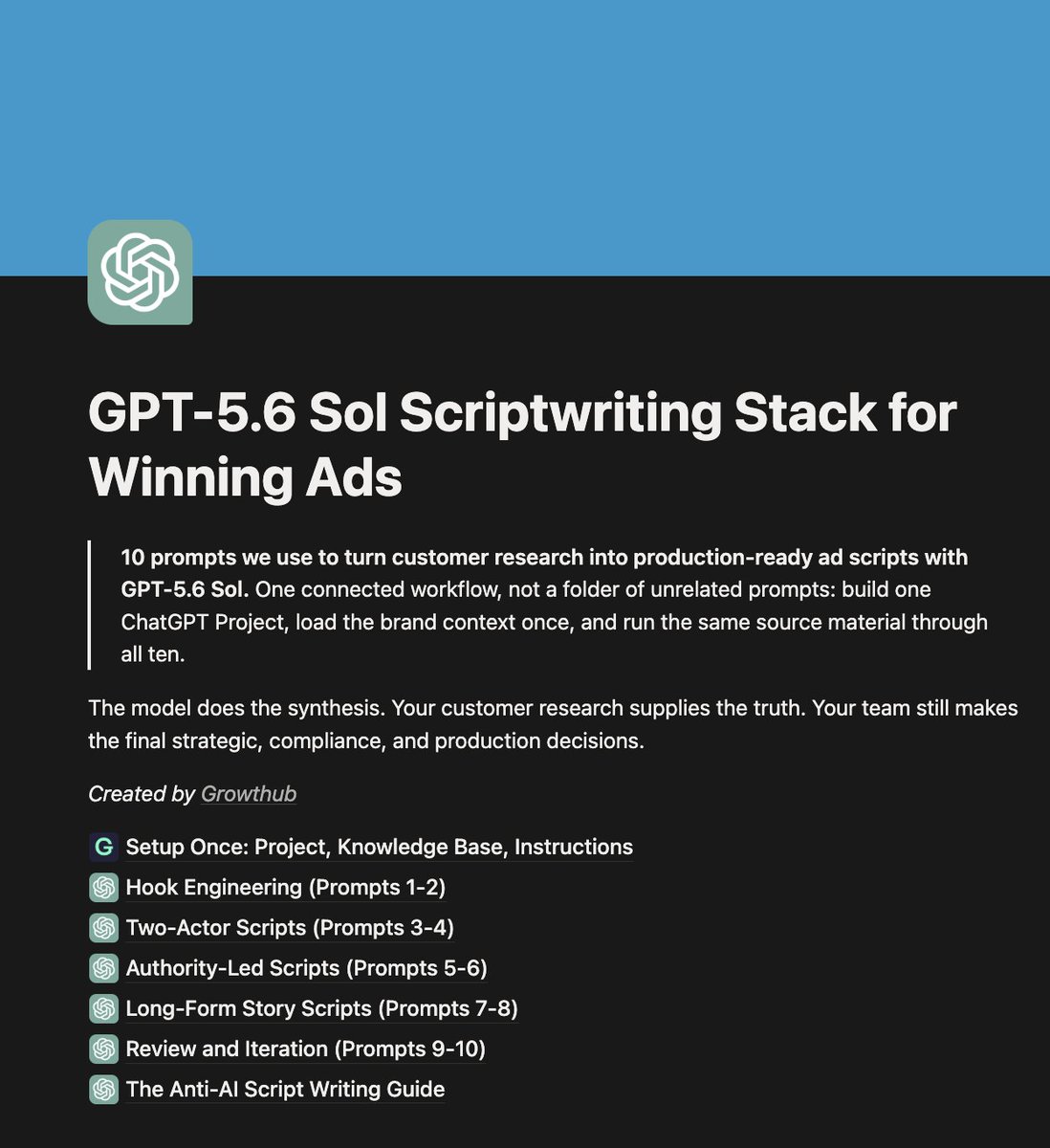 Bogzabs96's tweet photo. GPT-5.6 Sol is INSANE for ad scriptwriting.

You should build one ChatGPT Project that turns raw customer research into production-ready scripts: podcast clips, skits, authority ads, VSLs, POV stories. 

Load your brand once, run 10 prompts against it forever.

The stack includes:

- The full Project instructions (paste once, done)
- Evidence-backed hook engineering with a scoring system 
- Script prompts for 6 formats, each with compliance guardrails
- The Anti-AI writing guide that keeps scripts sounding human

 Want it? Like + Comment "SOL" and I'll send it over ASAP

(follow me so I can send it over)