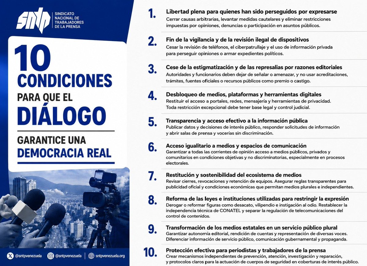 sntpvenezuela's tweet photo. Inicia un proceso de diálogo que debe garantizar legitimidad y capacidad para producir cambios duraderos. El SNTP plantea 10 condiciones para una transición y una democracia real.
Necesitamos una ciudadanía informada, medios independientes, fuentes públicas abiertas y participación en igualdad de condiciones en el debate público #06Ago