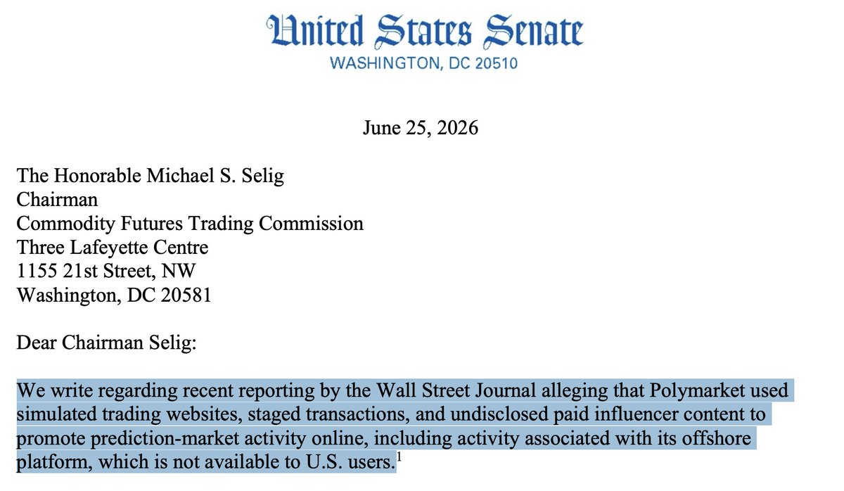 deltaneutral0x's tweet photo. Did some more digging to figure out the radio silence behind $POLY, and this has confirmed a lot of what I was thinking. Letter to the CFTC by US Senators John R. Curtis and Adam B. Schiff, which explicitly mentions @Polymarket's marketing tactics.

Probably hard to announce a multi-billion dollar "free money" token program while you're being actively investigated for malicious advertising practices. If any of you remember the fake website drama from a few months ago, some of the points in the letter should ring a bell.
