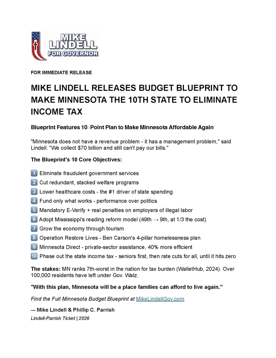 realMikeLindell's tweet photo. BREAKING: MY BUDGET BLUEPRINT WILL MAKE MINNESOTA THE 10th STATE IN THE NATION TO ELIMINATE STATE INCOME TAX

I just released my full budget blueprint for Minnesota. We don't have a revenue problem. We have a management problem. And I know how to fix it.

Read the full plan: https://t.co/riRv3ZMGR4