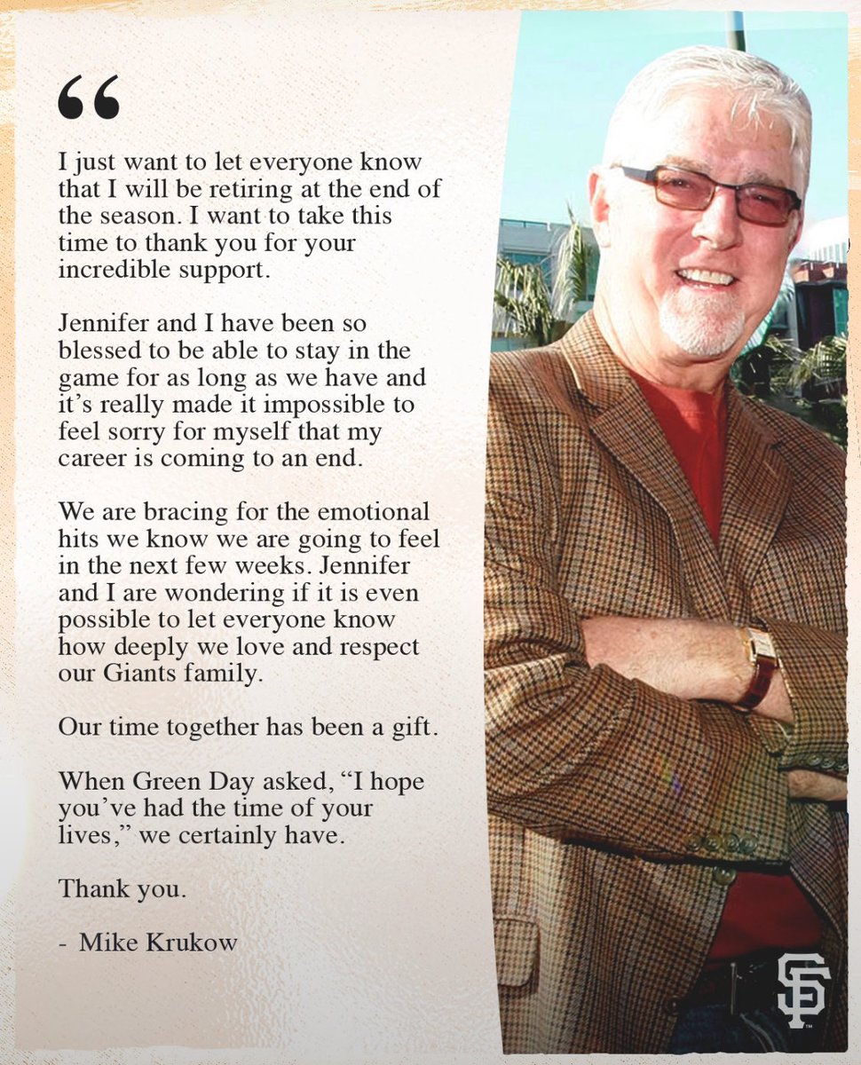 KeithOlbermann's tweet photo. Mike Krukow has been at the top of the baseball announcer rankings for all his days in the booth - and on the list of the game's class acts. With his retirement, the overall quality of baseball announcing will now drop at least 39%. Honored to call him a friend. https://t.co/RcqgUzvhm9