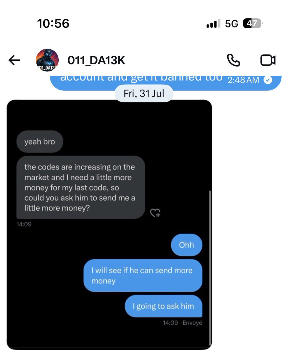 Adivkfn's tweet photo. @011_DA13KK this scammer kept asking me for money saying he ll give me wildcat and other 2 other bundles in return! Took the money never gave the skin codes and stopped replying. Don’t know how many more people he has done this too. Chat report him please, get him suspended before he scams other kids.