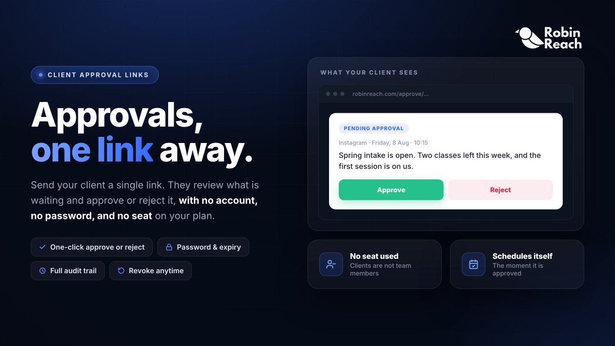 robinreachapp's tweet photo. We've been listening, building, and shipping!
Excited to unveil two new features: 

🔗 Client Connect Links - Securely connect social accounts with just a click.

✅ Client Approval Links - Share and approve content seamlessly.

Thanks for your feedback and support! https://t.co/RPJZLFqn3Z
