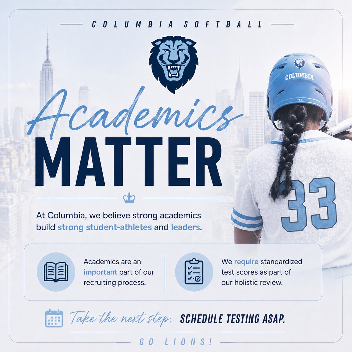 Coach_AndreaB's tweet photo. Great players work on their game. Great student-athletes work on both. 💪🏼

Academics matter at Columbia Softball. If testing is on your checklist, schedule it early. 📚✅

What’s one academic goal you’re chasing this year? 👇 ✨

#NextLionIn #FearTheDen https://t.co/ZQA7vdrXjS