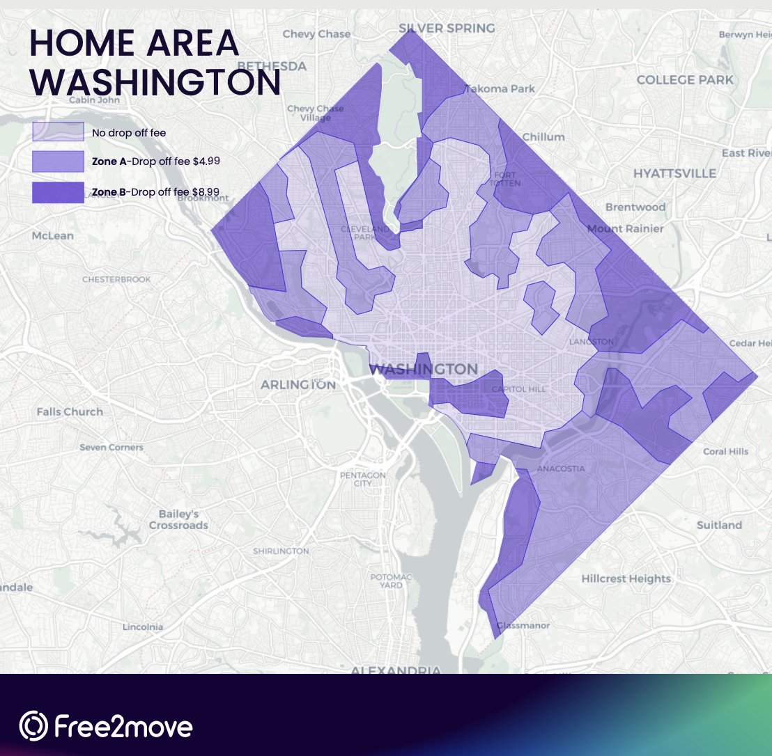 jackiepeiser's tweet photo. NEW: Free2Move, a car share service in DC, announced today that it's "home area" – aka where people can pickup &amp; leave the car – has notably shrunk. Areas excluded: upper northwest (past AdMo and Foggy Bottom) and upper northeast (Fort Totten, Takoma Park). 
Before &amp; after pics: https://t.co/EjKzCRfuML