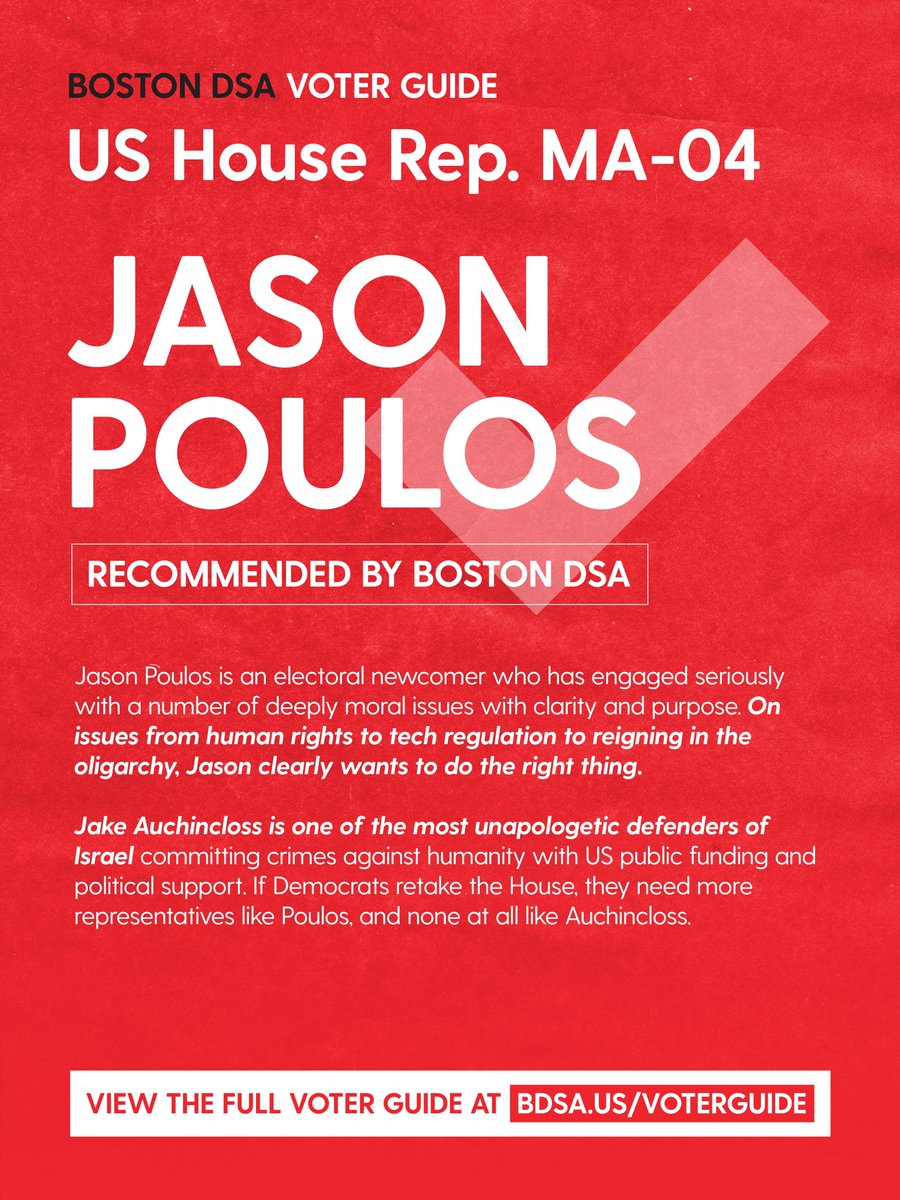 jasonvpoulos's tweet photo. Boston Democratic Socialists of America recommends our campaign for Congress: "If Democrats retake the House, they need more representatives like Poulos, and none at all like Auchincloss." https://t.co/i3rPZhCLxK https://t.co/zf2firsozS