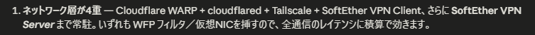 itakosu55's tweet photo. Claude Code に調査してもらったら
PC のネットワーク層が多すぎてワロタ https://t.co/r37FYMzATU