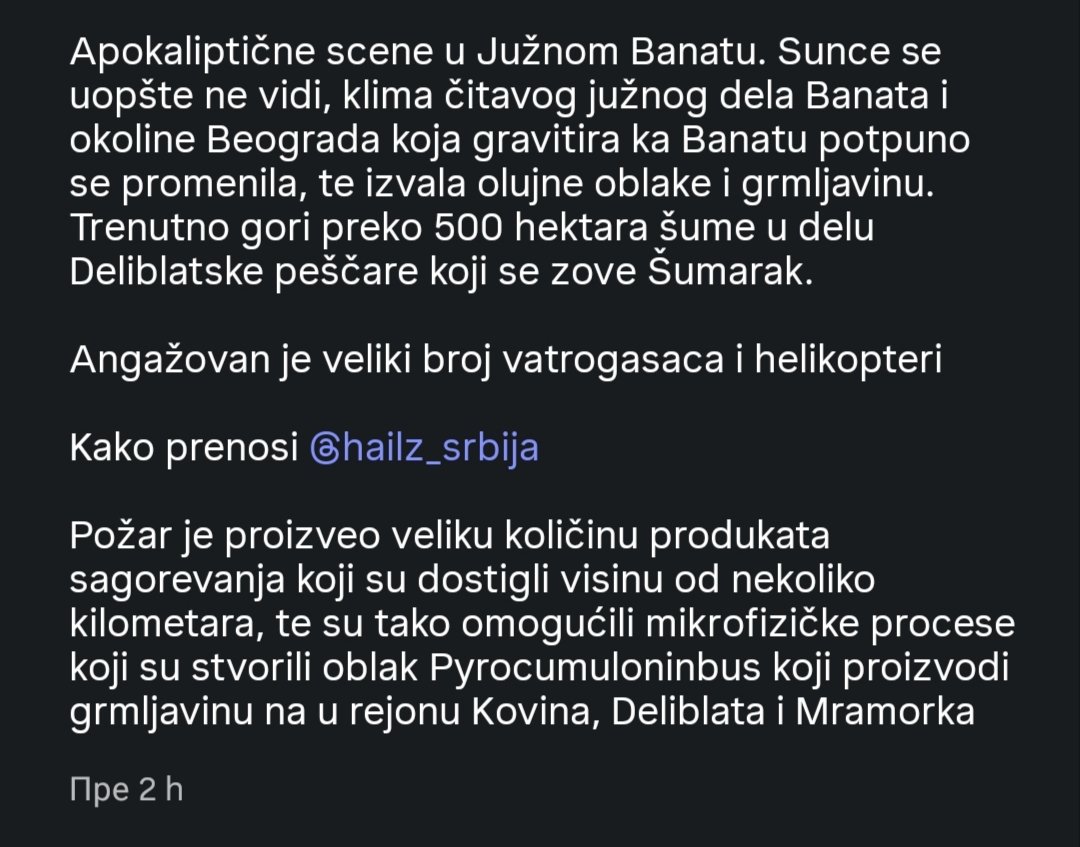 kevajemajka's tweet photo. Bukvalno apokaliptično. 
Selo Šumarak iseljeno, narod pustio stoku da se spašava, Dubovcu preti vatra i seljani u pripravnosti, Čardak gori, tamo su bageri, ultovi, mehanizacija, DVD-ovi... 
Deliblatska peščara 😢 https://t.co/zYKcTtFSxX